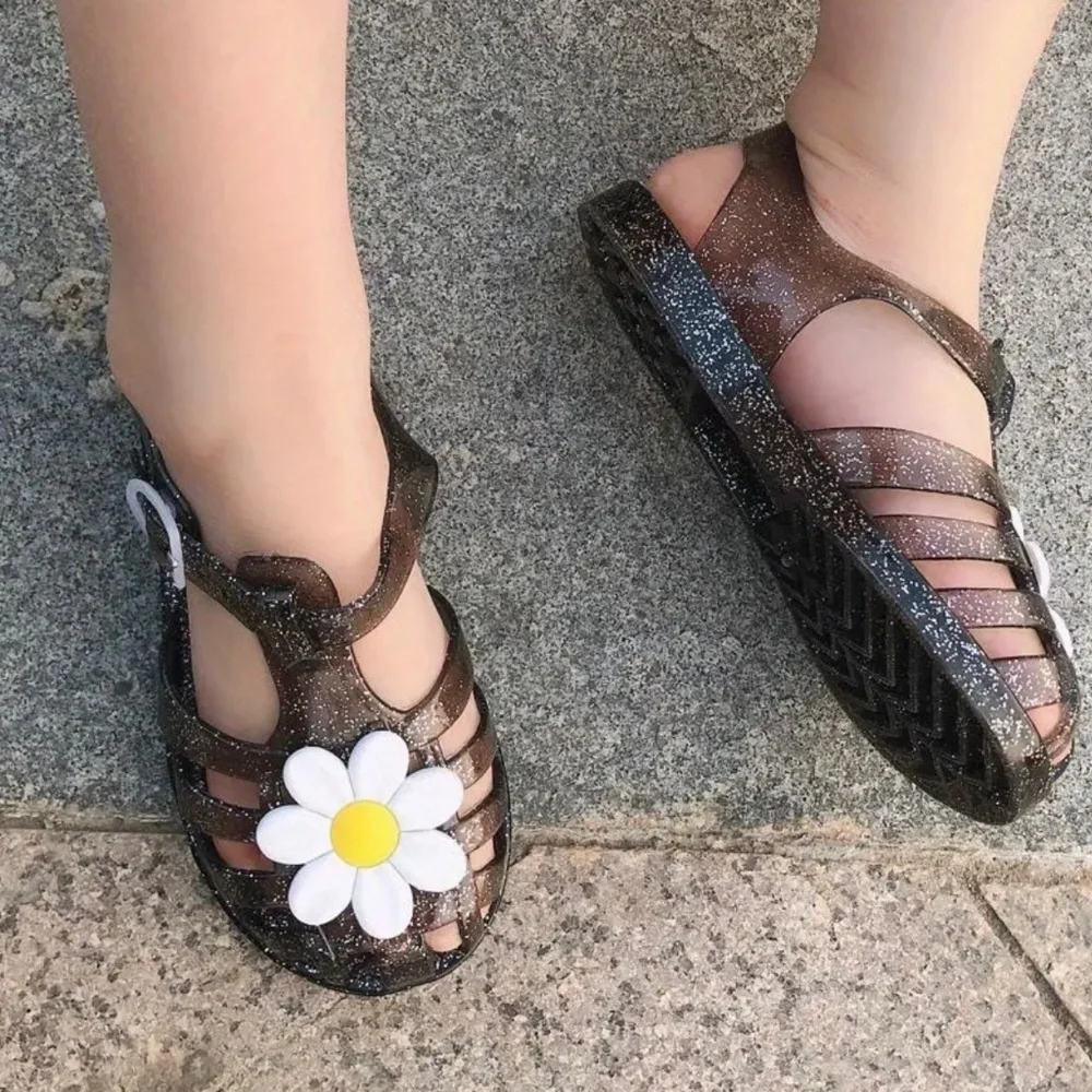 Boutique Kids Flower Black Jelly Sandals